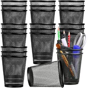 24 Pcs Pen Holder Mesh Pen Cup Bulk Metal Pencil Holder Pen Holder Cup Pencil Cup Holder for Desk Black Pen Organizer Round Office Classroom Pen Organizer Cup for Back to School Students Kids Adult