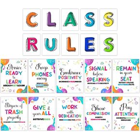 Decorably 20 Colorful Class Room Rules, 11x14in Matte-Laminated Inspirational Classroom Rules Charts