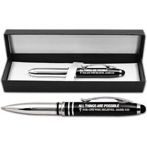 Mark 9:23 Christian Gift Pen with Engraved Bible Verse - "All Things Are Possible for One Who Believes" - Religious 3-in-1 Scripture Prayer Pen with LED Light and Stylus