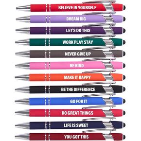 Funny Pens, 12 Pcs Pens Fine Point Smooth Writing Pens, Inspirational Ballpoint Pens with Screens Touch Stylus Tips, Black Ink 1.0 Mm Pens Gift Office Desk Accessories, Motivational Stylus Pens