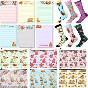 18 Pcs Christmas Gifts for Sloth Lovers, Sloth Gifts for Women, Sloth Gifts and Stationery, Cute Sloth Print Makeup Bag Sloth Sticky Notes 3''x4'' Memo Pads Novelty Sloth Socks Birthday Gift