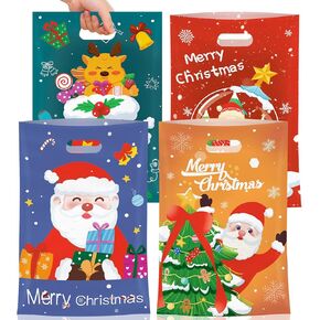 50 Pcs Christmas Gift Bags with Handles, Plastic Merry Christmas Goodie Bags Bulk, Winter Christmas Candy Treat Tote Goody Cookie Party Favor Bag for Xmas Christmas Party Favors Supplies, 4 Styles