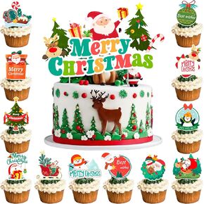 Christmas Cake Topper, 13 Pcs Christmas Cake Decorations Set, 12 Pcs Christmas Cupcake Toppers Christmas Party Cup Cake Toppers, 1 Pcs Xmas Cake Toppers for Christmas Party Decorations Supplies