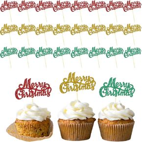 24-Pcs Christmas Cupcake Toppers, Holiday Cupcake Toppers for Christmas Cake Decorations, Merry Christmas Cupcake Toppers, Christmas Tree Cupcake Toppers, Snowflake Cupcake Toppers (Merry Christmas)