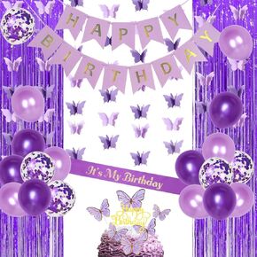 Butterfly Birthday Decorations for Girls Women Purple Butterfly Birthday Set with Purple Happy Birthday Banner Cake Topper It's My Birthday Sash Butterfly Themed Birthday Party Supplies