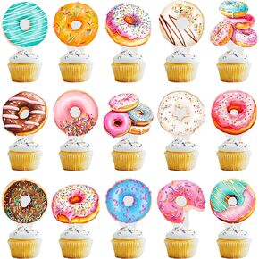 48Pcs Donut Cupcake Toppers Donut Party Decorations Sweet Theme Cupcake Decorations Sweet Donut Cake Toppers for Donut Themed Birthday Party Baby Shower Supplies
