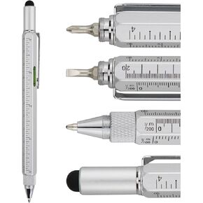 HeTaoCat Gifts Multi Tech Tool Pen 6 in 1 Stylus Pen - Screwdriver Pen with Ruler, Levelgauge, Ballpoint Pen Black Ink (Silver)