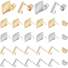 UNICRAFTALE 40pcs 4 Styles Stainless Steel Stud Earring 2 Colors Hypoallergenic Earrings Stud Rhombus Rectangle Earring with Loop and Ear Nuts for DIY Jewelry Making 1.5~1.8mm Hole