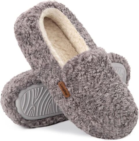 LongBay Women's Slippers Indoor Warm Winter Fuzzy Shearling House Shoes | Bombas Shearling Upper, Plush Sherpa Lining, Non-Slip TPR Sole, Slip-On Slippers for Indoor Outdoor, Gifts for Ladies in Saudi Arabia