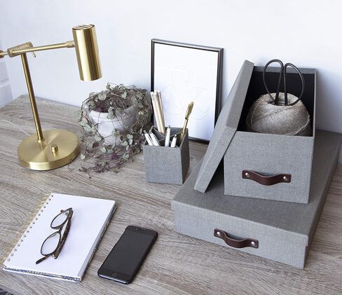 Bigso Silvia Organizational Storage Box | Photo Storage Box with Leather Handle for Shelves and Stacks Easily | Durable and Decorative Storage Boxes with Lids | 5.9″ x 6.5″ x 11.6″ | Ash in Saudi Arabia