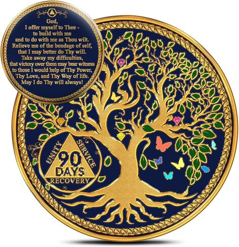 Tree of Life Sobriety Coins - Addiction Recovery Coins Sobriety Chips - AA Chips and Medallions - Anniversary Sobriety Gifts for Men & Women with Coin Capsule & Pouch - Days 90 in Saudi Arabia