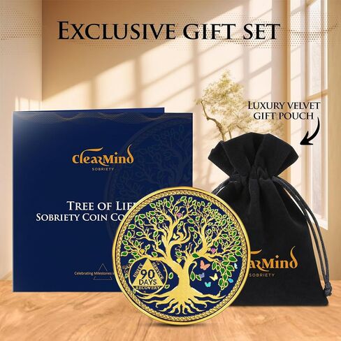Tree of Life Sobriety Coins - Addiction Recovery Coins Sobriety Chips - AA Chips and Medallions - Anniversary Sobriety Gifts for Men & Women with Coin Capsule & Pouch - Days 90 in Saudi Arabia