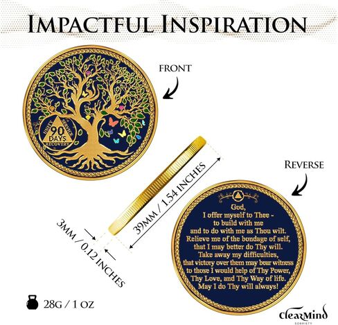 Tree of Life Sobriety Coins - Addiction Recovery Coins Sobriety Chips - AA Chips and Medallions - Anniversary Sobriety Gifts for Men & Women with Coin Capsule & Pouch - Days 90 in Saudi Arabia