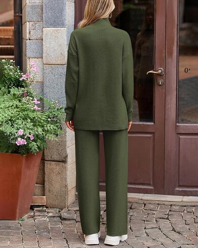 Dowerme المرأة 2 قطعة مجموعات سترة عالية الرقبة طويلة الأكمام سترة الرباط واسعة الساق بانت مكتنزة متماسكة صالة مجموعة in Kuwait