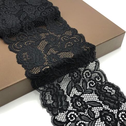 6 Inch Wide Stretch Lace Ribbon Elastic Lace Trim Fabric, Perfect for Crafting, Sewing Making, Gift Wrapping and Bridal Wedding Decorations - 5 Yards - 8903 (Black) in Kuwait