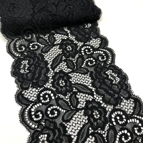 6 Inch Wide Stretch Lace Ribbon Elastic Lace Trim Fabric, Perfect for Crafting, Sewing Making, Gift Wrapping and Bridal Wedding Decorations - 5 Yards - 8903 (Black) in Kuwait