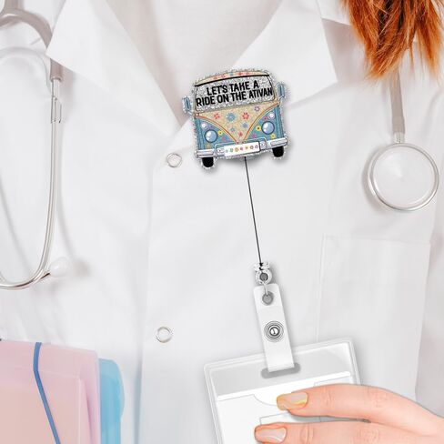 ERHACHAIJIA دعنا نأخذ جولة على بكرة شارة فضية لامعة قابلة للسحب من Ativan مع مشبك، هدية حامل شارة بطاقة الهوية لحافلة الزهرة المضحكة للممرضة والطبيب والمستشفى ICU ER وطبيب التخدير والتمريض النفسي in Saudi Arabia