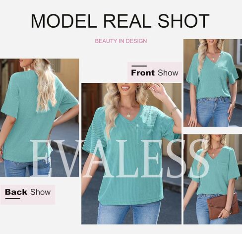 قمصان نسائية عصرية بأكمام قصيرة من EVALESS بلوزات محبوكة كبيرة الحجم مثيرة بياقة على شكل V بلوزات نسائية فضفاضة غير رسمية in Kuwait