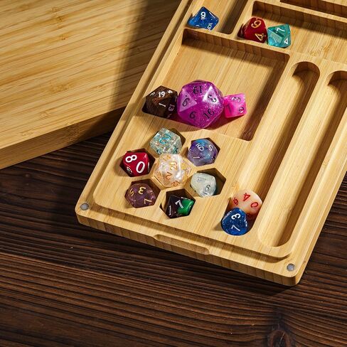 صينية النرد DND 2 في 1، صندوق النرد من الخيزران مع غطاء مغناطيسي - علبة النرد D&D، صينية النرد مدمجة في واحدة لألعاب RPG وألعاب الطاولة | يحمل مجموعات متعددة من النرد متعدد السطوح in Kuwait