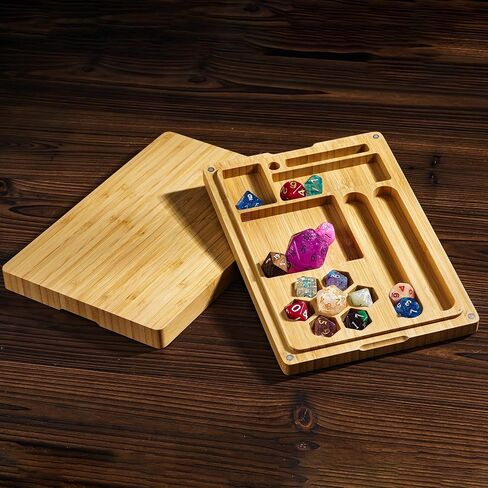 صينية النرد DND 2 في 1، صندوق النرد من الخيزران مع غطاء مغناطيسي - علبة النرد D&D، صينية النرد مدمجة في واحدة لألعاب RPG وألعاب الطاولة | يحمل مجموعات متعددة من النرد متعدد السطوح in Kuwait