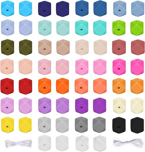 60Pcs Silicone Beads 14mm Hexagon Silicone Beads for Keychain Making Bulk 30 Colors Large Polygonal Loose Round Rubber Beads for Pens Necklace Bracelet Making Kit Jewelry, Art Crafts DIY Geometric in Saudi Arabia