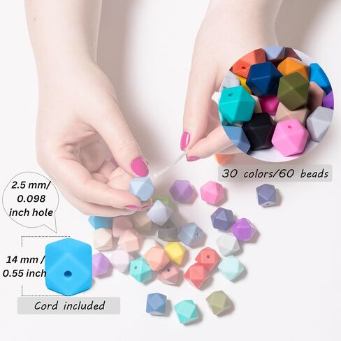 60Pcs Silicone Beads 14mm Hexagon Silicone Beads for Keychain Making Bulk 30 Colors Large Polygonal Loose Round Rubber Beads for Pens Necklace Bracelet Making Kit Jewelry, Art Crafts DIY Geometric in Saudi Arabia