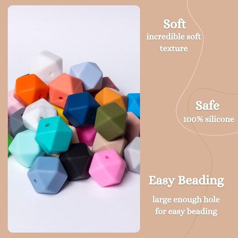 60Pcs Silicone Beads 14mm Hexagon Silicone Beads for Keychain Making Bulk 30 Colors Large Polygonal Loose Round Rubber Beads for Pens Necklace Bracelet Making Kit Jewelry, Art Crafts DIY Geometric in Saudi Arabia