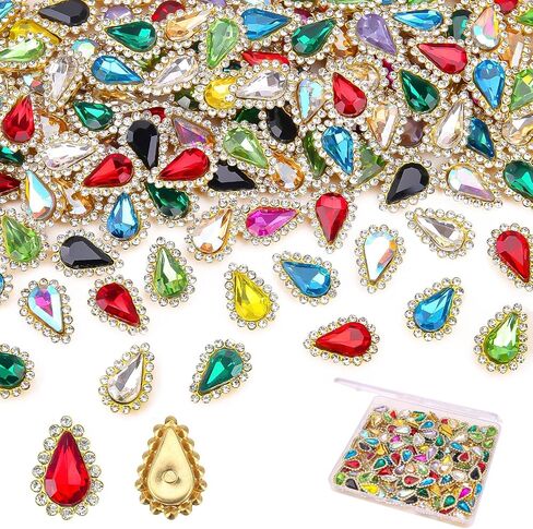 100PCs 8 * 13mm Tear Drop Sew On Rhinestones, Glass Crystal Stone with Gold Claw Sew-on Gems for Dresses Shoes Bags Accessories (Mixed Colors) in Saudi Arabia