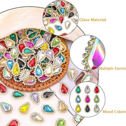 100PCs 8 * 13mm Tear Drop Sew On Rhinestones, Glass Crystal Stone with Gold Claw Sew-on Gems for Dresses Shoes Bags Accessories (Mixed Colors) in Saudi Arabia