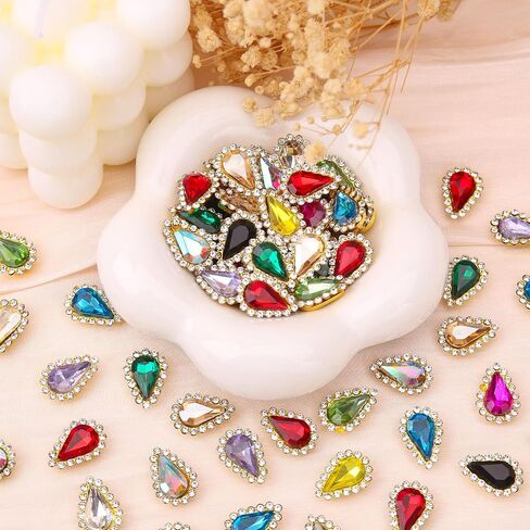 100PCs 8 * 13mm Tear Drop Sew On Rhinestones, Glass Crystal Stone with Gold Claw Sew-on Gems for Dresses Shoes Bags Accessories (Mixed Colors) in Saudi Arabia
