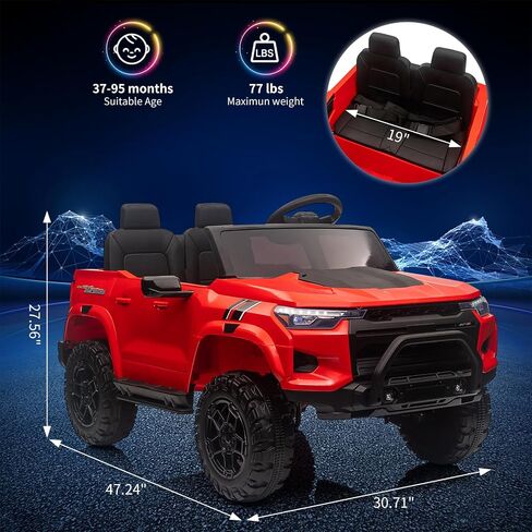 24V Kids Ride On Car 2 Seater Electric Ride On Toy for Toddlers Battery Powered Truck Car with Remote Control, Battery Display, Handle, Trunk, LED Lights, Music (Black) in Saudi Arabia