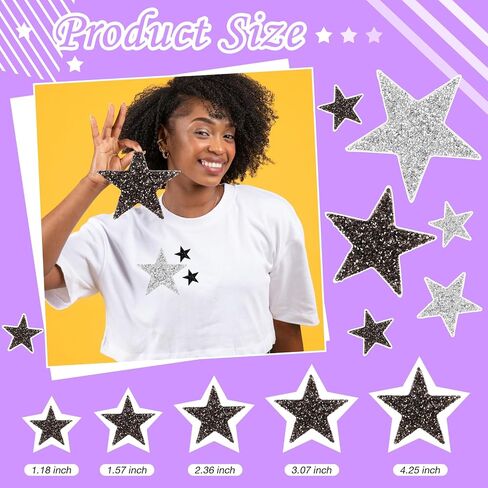 TORC 32Pcs Star Appliques Iron on Patches for Hats, Jeans, Clothing, Shirts, Iron on Glitter Star Applique, Rhinestone Stars Iron on Patches for DIY Crafts (Silver, Mixed Size) in Saudi Arabia
