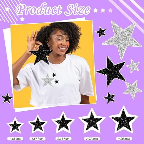 TORC 32Pcs Star Appliques Iron on Patches for Hats, Jeans, Clothing, Shirts, Iron on Glitter Star Applique, Rhinestone Stars Iron on Patches for DIY Crafts (Silver, Mixed Size) in Saudi Arabia
