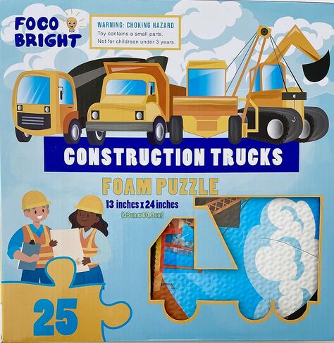 Construction Trucks Foam Puzzle -Excavator, Crane Truck, Cement Mixer, Dump Cones and Workers- Educational Truck Floor for Kids - 25 Pieces Bright! Yellow, Orange, Green Zone Kids! 13x24 inches in Saudi Arabia