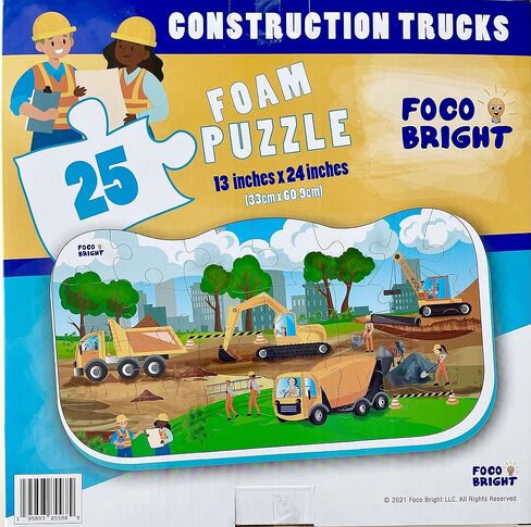 Construction Trucks Foam Puzzle -Excavator, Crane Truck, Cement Mixer, Dump Cones and Workers- Educational Truck Floor for Kids - 25 Pieces Bright! Yellow, Orange, Green Zone Kids! 13x24 inches in Saudi Arabia