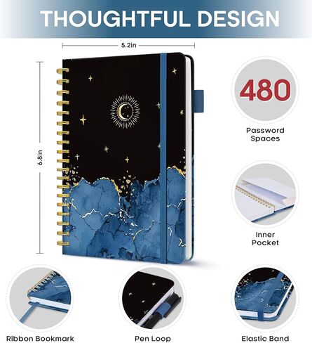 كتاب كلمات المرور مع علامات تبويب أبجدية، كتاب كلمات مرور حلزوني مقاس 5.5 بوصة × 6.7 بوصة، كتب كلمات مرور صغيرة لكبار السن، كتاب لحفظ كلمات المرور لمساعدتك على البقاء منظمًا - ليلاً in Kuwait