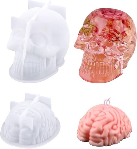 Actvty Skull Mold Brain Resin Mold, Brain and Skull Silicone Molds for Resin Casting, Halloween Silicone Molds DIY Resin Crafts, Candle, Soap, Chocolate, Jelly, Halloween Party Decor in Kuwait