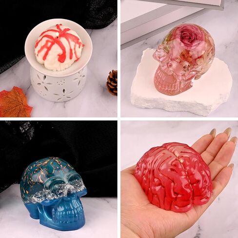 Actvty Skull Mold Brain Resin Mold, Brain and Skull Silicone Molds for Resin Casting, Halloween Silicone Molds DIY Resin Crafts, Candle, Soap, Chocolate, Jelly, Halloween Party Decor in Kuwait