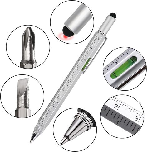 HeTaoCat Gifts Multi Tech Tool Pen 6 in 1 Stylus Pen - Screwdriver Pen with Ruler, Levelgauge, Ballpoint Pen Black Ink (Silver) in Kuwait