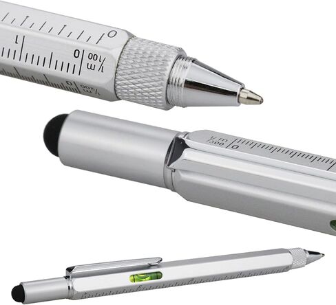 HeTaoCat Gifts Multi Tech Tool Pen 6 in 1 Stylus Pen - Screwdriver Pen with Ruler, Levelgauge, Ballpoint Pen Black Ink (Silver) in Kuwait