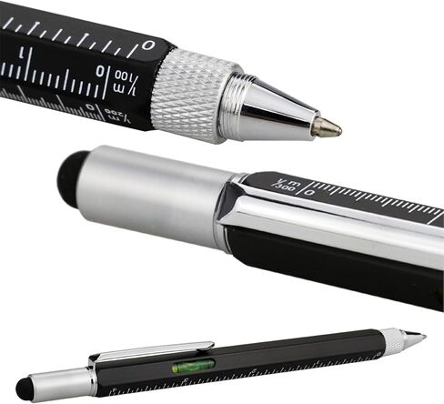 HeTaoCat Gifts قلم أدوات متعدد التقنية 6 في 1 قلم ستايلس - قلم مفك براغي مع مسطرة، مقياس مستوى، قلم حبر أسود (فضي) in Kuwait