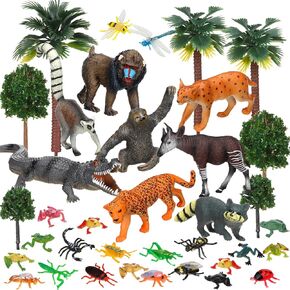 39 Pcs Rainforest Animals Figures Toys Set Assorted Creatures Rain Forest Diorama Kit Supplies Miniature Model Trees for Educational Toys Birthday Party Favors Piñata Fillers