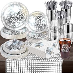 durony 351 Pieces 70s 80s Disco Party Supplies Silver Disco Ball Paper Plates Cups Disco Cocktail Napkins Plastic Cutlery Disco Party Table Runner for Disco Bachelorette Party Decorations(Serves 50)