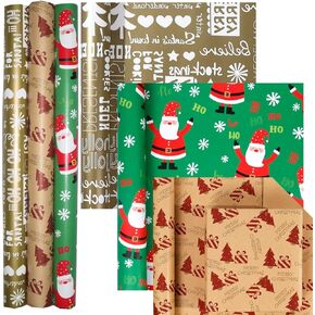YOOFUN Christmas Wrapping Paper, Xmas Wrapping Paper, 3 Rolls Christmas Gift Wrapping Paper Green, Gold and Kraft, HO Santa Claus, Merry Christmas, Christmas Tree Xmas Gift, Snowflakes, 17In X 34Ft