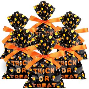 Tenare 100 Pcs Halloween Cellophane Treat Bags Plastic Goodie Candy Bags Corn Wrapped Gift Loot Bags with 22 Yards Ribbon for Trick Treating Class Parties Favor Crafts, 6 x 9 Inch