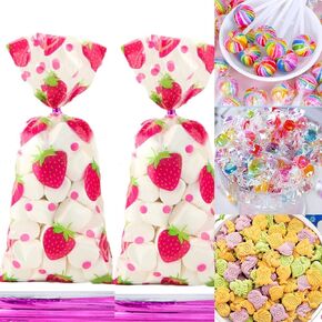 LVZGCXPO 50 Strawberry Cellophane Bags Clear Candy Wrapping Bags Strawberry Polka Dot Party Bags with 50 Cute Twist Ties for Holiday Party Candy Cookies Chocolate