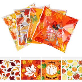 DERAYEE Fall Treat Bags, 400 Pcs Self Sealing Cellophane Cookie Bags Pumpkin Maple Leaves Clear Candy Bags Plastic Self-Adhesive Goodie Gift Bag for Thanksgiving Party Favor Autumn Party Supplies (3.9 x 3.9 Inch)