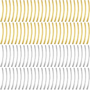 PAGOW 200 Pcs Tube Beads, 25mm Curved Noodle Beads, Gold Silver Spacer Beads for Jewelry Making DIY Necklace Bracelet Findings