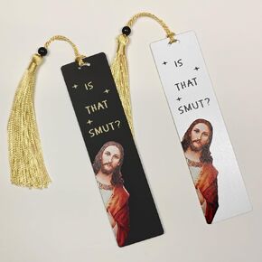 2 Pieces Metal Bookmarks Peeking Jesus is That Smut Bookmark Funny Bookmarks Gifts for Reader Book Lovers Women Men Jesus Bookmarks with Tassel (White and Black)