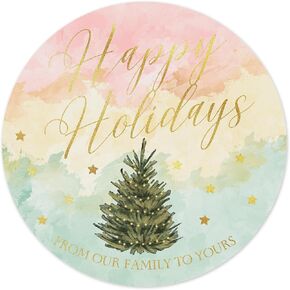 Mobiusea Creation Watercolor Happy Holidays Stickers | Envelope Seals | 1.4 inch | 135-Pack | Waterproof | Gold Foil | Pink Yellow and Green Watercolor Christmas Stickers Christmas Tree and Stars